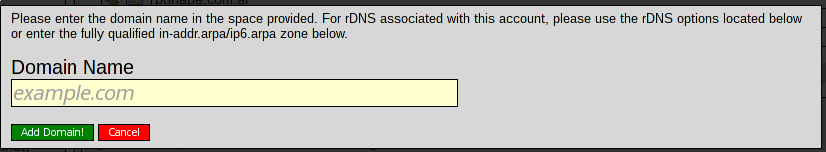 Administración de DNS en dns.he.net - Ventana de creación de dominios