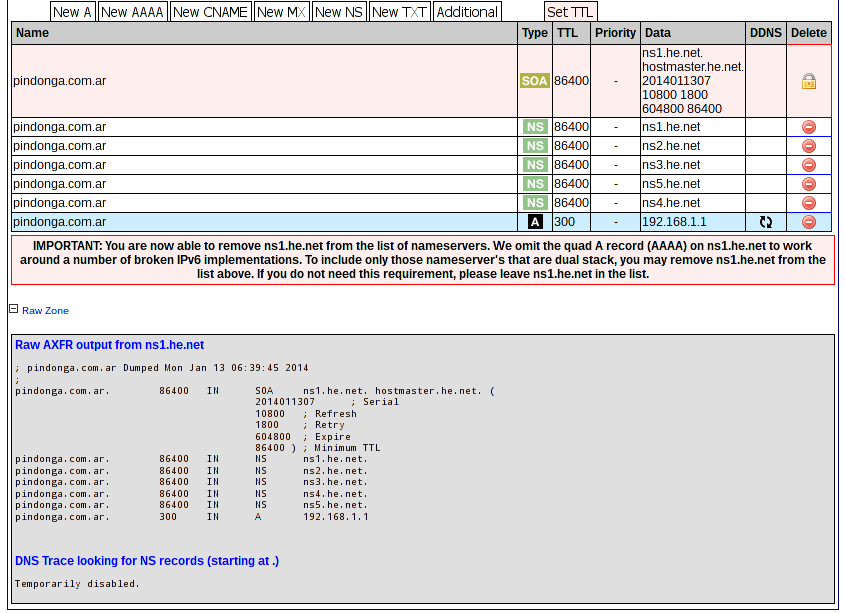 Administración de DNS en dns.he.net - Ver las zonas en bruto