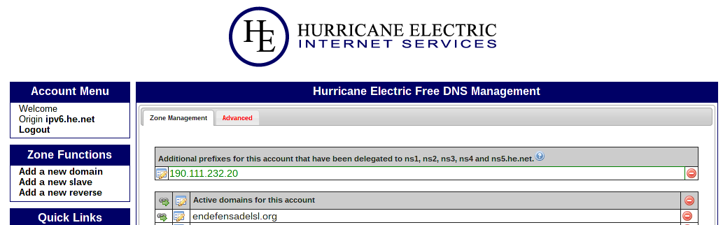 Administración de DNS en dns.he.net - Ventana principal