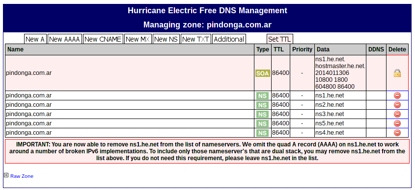 Administración de DNS en dns.he.net - Listado de registros luego de crear un dominio